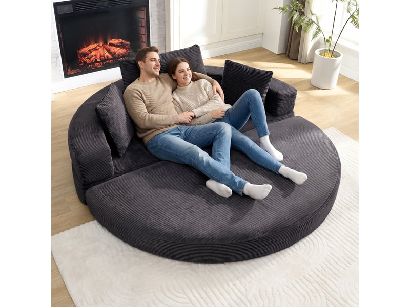  Canapé-lit convertible 2 en 1 en velours côtelé, lit ovale 173 x 176 cm, canapé pliable avec coussins pour salon et chambre  - Conforama C
