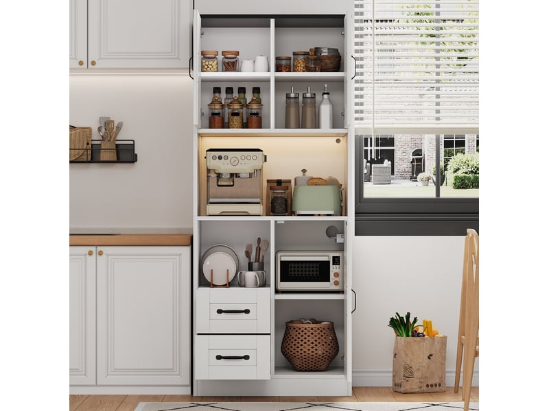 Buffet haut 72x40x173 cm avec 3 portes style grange et 2 tiroirs, led rgb et prises en mdf couleur blanc - Conforama E