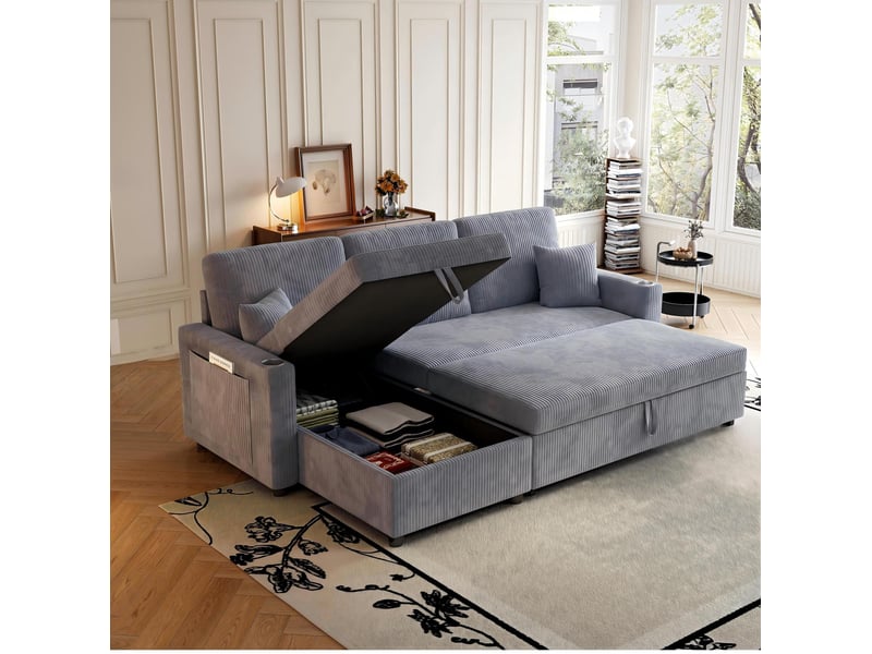  Canapé d’angle convertible 3 places en velours côtelé gris avec rangement, ports usb et type-c, table d’appoint  - Conforama E