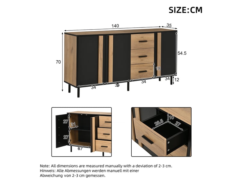  Buffet 140 x 35 x 70 cm, 3 portes et 3 tiroirs, 6 pieds métal, mdf noir et effet bois naturel evarich - Conforama C