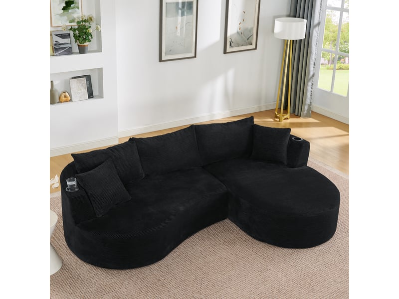Canapé droit 3 places avec porte-gobelets et coussins - forme arrondie velours côtelé noir - Conforama C