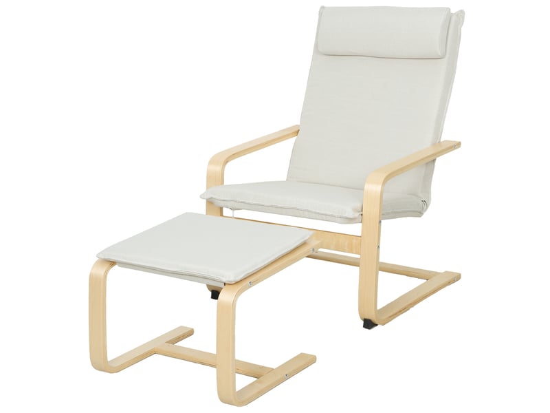  Fauteuil avec repose-pieds, fauteuil de lecture à dossier haut, appui-tête amovible, pieds en bois et revêtement en lin crème  - Conforama B