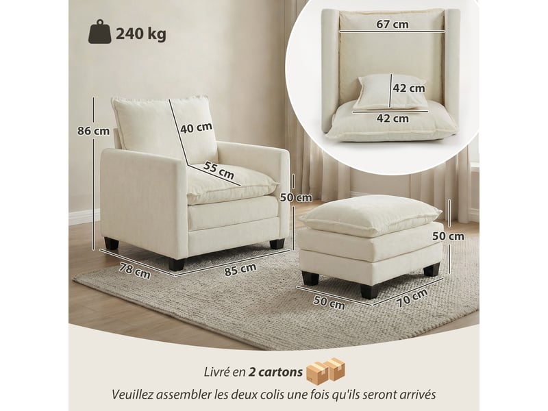  Fauteuil de salon, canapé 1 place, chenille (100 % polyester), 128x85x86cm, crème  - Conforama E