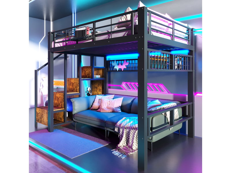 Lit mezzanine 140x200 cm avec tiroirs et rangements intégrés, lit surélevé en métal avec led et échelle ou escalier, noir OPULERANE TRADING LTD - Conforama C