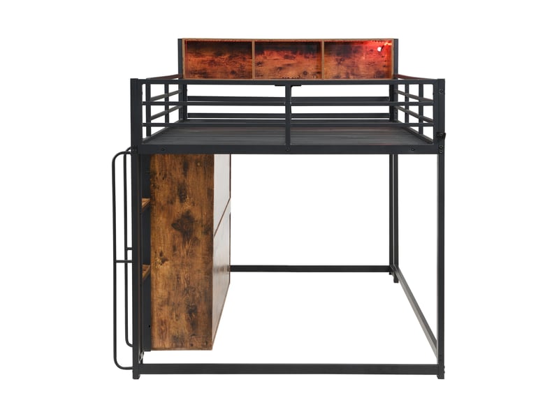  Lit mezzanine 120x200 cm avec rangement, led et prise, métal noir + décor bois, sans matelas  - Conforama R