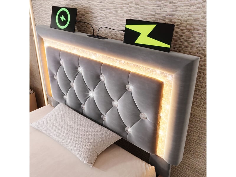  Lit capitonné 90x200, coffre de rangement lit une personne, ouverture hydraulique assistée, led multicolore, ports usb type-c, revêtement velours  - Conforama E