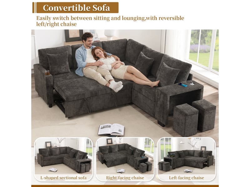  Canapé d'angle convertible 5 places en tissu chenille gris N653P7708G - Conforama D