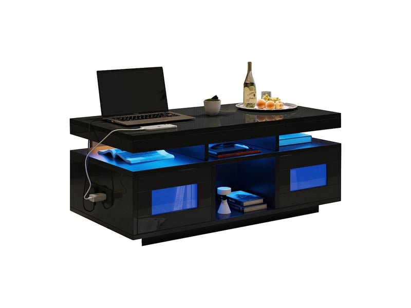  Table basse noire laquée avec led et prise de charge, 100x50x43 cm, panneau de particules, noir.  - Conforama A