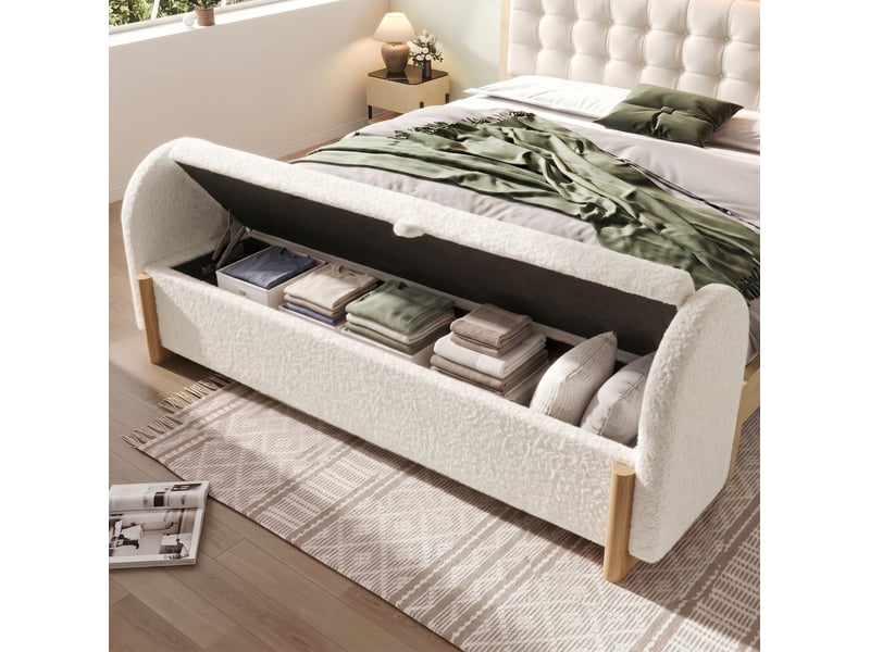  Banc coffre 146x47x61 cm, ouverture hydraulique, bois et mdf, blanc  - Conforama D