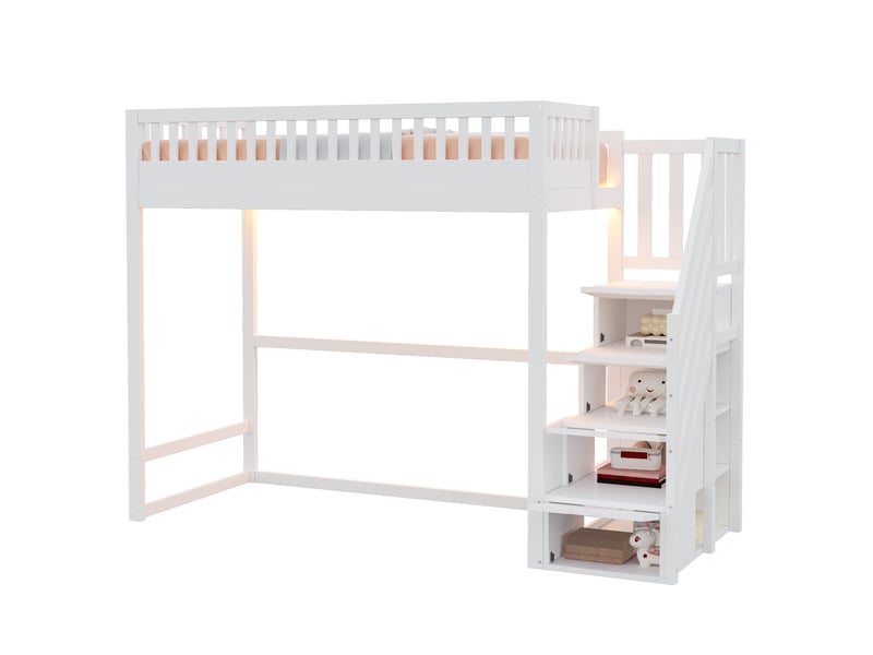 Lit mezzanine 90×200 cm avec rangements, led et échelle réversible, bois, blanc, sans matelas  - Conforama A