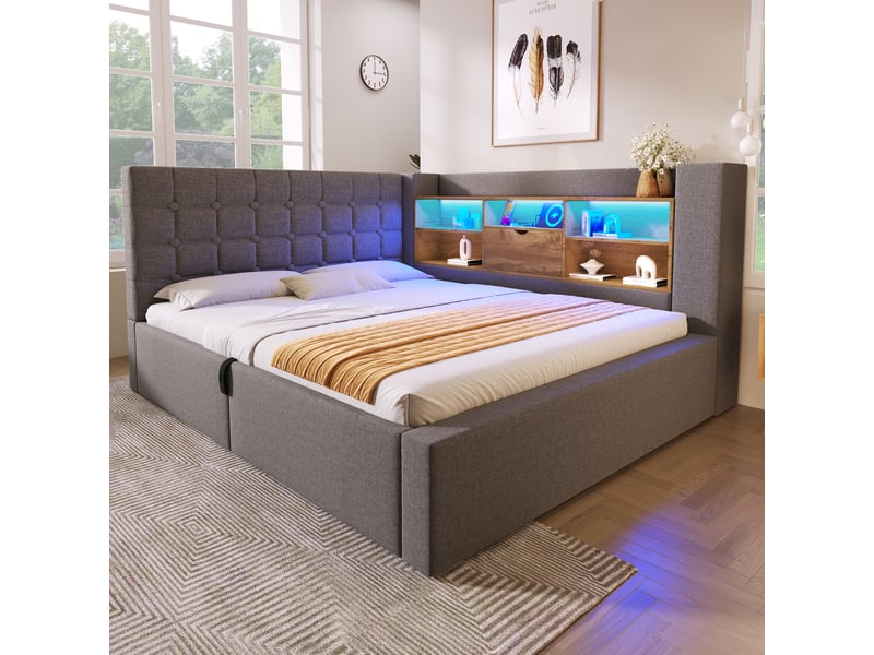  Lit banquette rembourré 140x190 cm, rangement hydraulique, tête de lit en l réversible avec étagères, led, usb et type-c, sommier à lattes, lin gris Radiant Stride - Conforama D