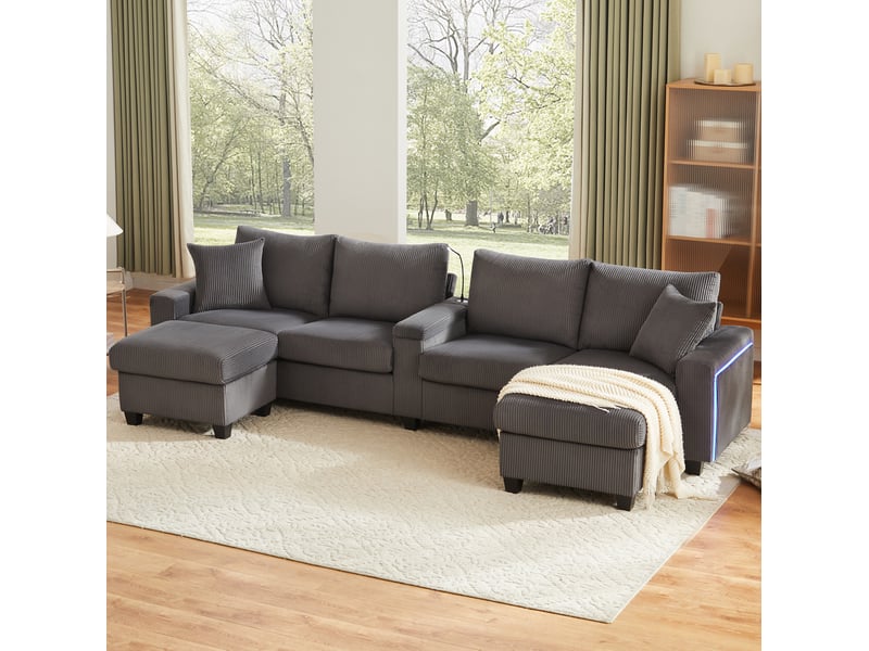  Canapé 4 places en u 334 x 128,5 x 81 cm, led, éclairage de lecture, avec 2 poufs, usb+type-c, finition velours côtelé gris  - Conforama B