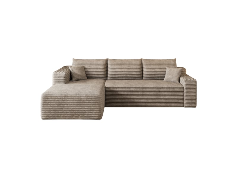  Canapé d’angle 3 places en velours côtelé camel, canapé panoramique 241 cm avec méridienne, assise profonde pour le salon  - Conforama A