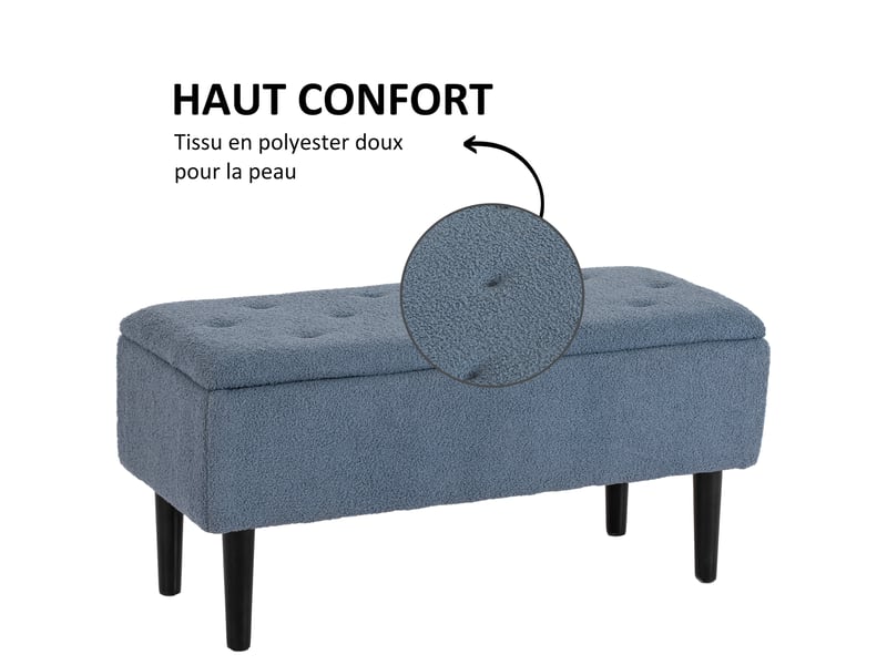 Banc de rangement coffre de rangement revêtement bouclette, pieds en bois de caoutchouc bleu 95 x 38 x 45 cm - Conforama R