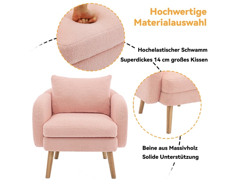  Fauteuil en velours teddy avec coussin de dossier et assise rembourrée, structure en bois, rose, 71 × 72 × 71 cm  - Conforama E