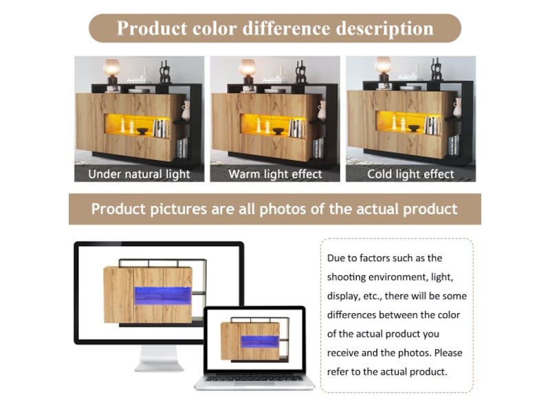  Buffet led en mdf aspect bois 140 x 44 x 93,5 cm avec cadre noir, bluetooth et 3 étagères réglables  - Conforama E