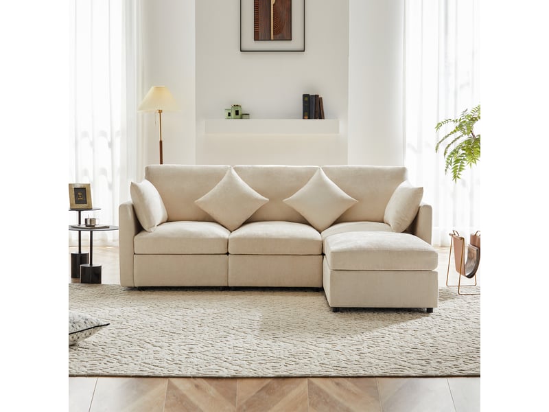 Canapé d'angle, canapé convertible, 3 places, en chenille, beige, avec pouf, pour salon, bureau, appartement - Conforama A