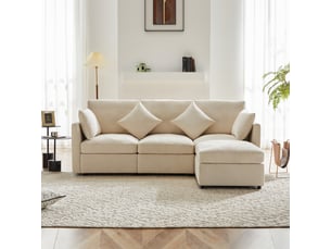 Canapé d'angle, avec couchage d'appoint, avec pouf, avec coussins, en tissu chenille, coloris beige, l216 x p161 x h81 cm