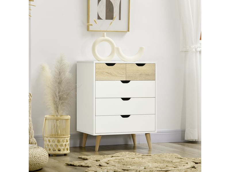  Commode 5 tiroirs pour chambre à coucher avec poignées sculptées, 60 x 40 x 77,5 cm, blanc et bois  - Conforama D