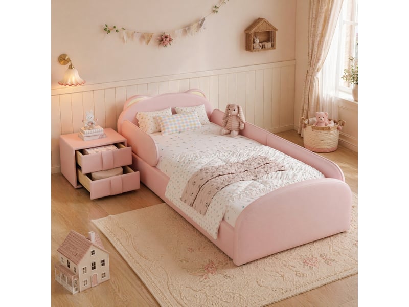  Modenvie lit enfant 90x200 cm - tete de lit ourson, table de chevet incluse - sans matelas - rose  - Conforama B