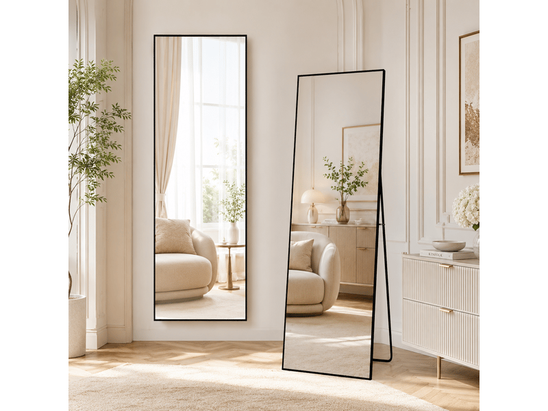 Miroir sur pied noir 165x60cm, miroir de sol rectangulaire pleine longueur, miroir mural à suspendre ou à poser,pour salle de bain, chambre, entrée - Conforama B