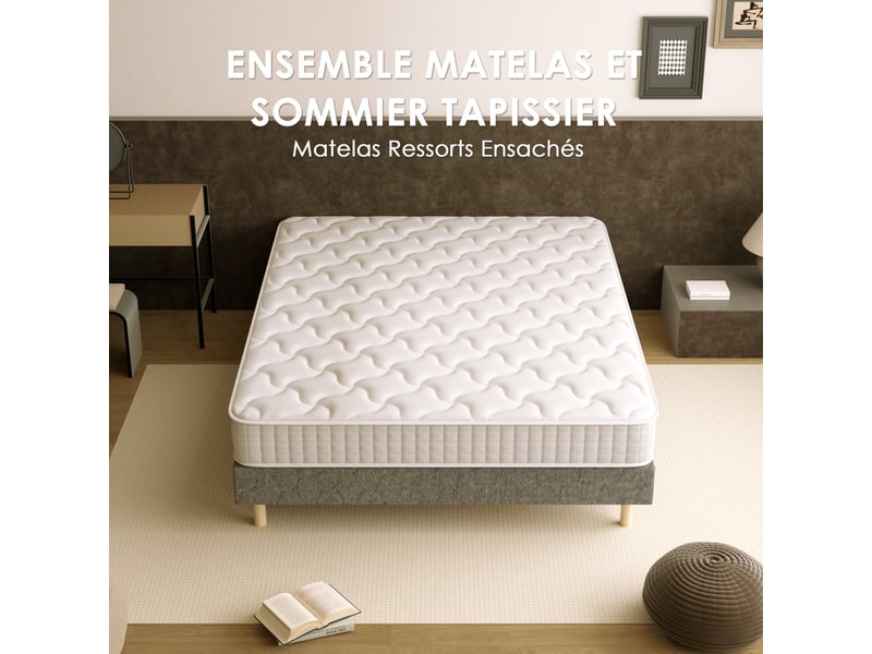  Sommier tapissé gris 160x200 + matelas ressorts ensachés 20 cm, 9 pieds fournis  - Conforama D