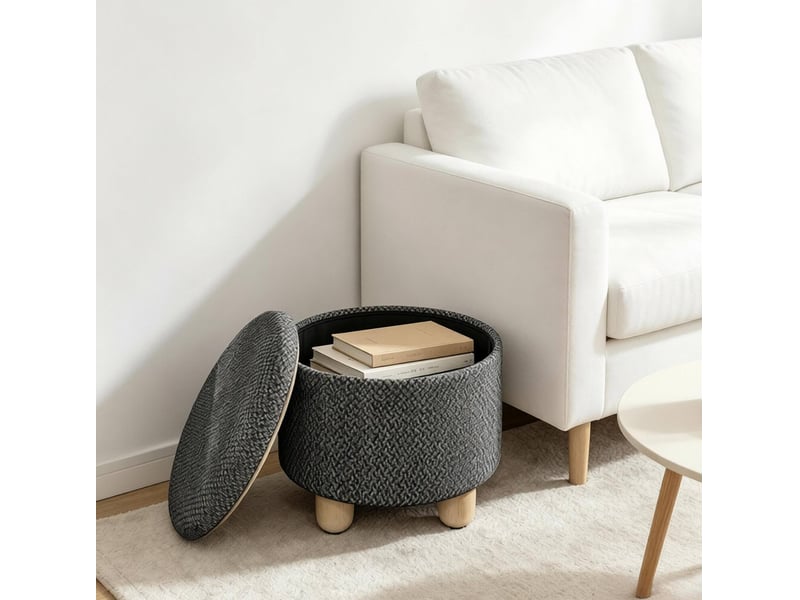  Pouf de rangement rond 39x39x33 cm avec rangement, mdf, bois, gris foncé  - Conforama C