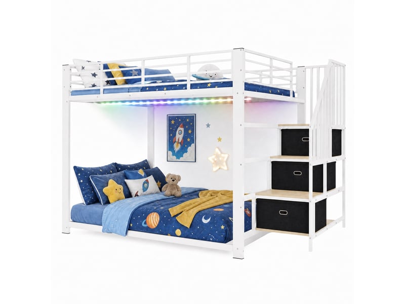 Lit superposé 140x200 cm, escalier de rangement réversible, tiroirs, garde-corps, led, prises électriques et ports usb - blanc et noyer - Conforama A