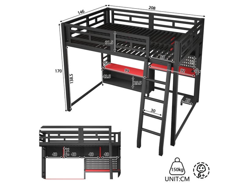  Lit mezzanine 140x200 cm noir en métal et mdf, bureau led rgb avec étagères pour chambre d'adolescent  - Conforama C
