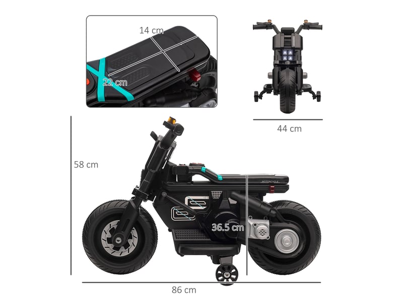  Moto électrique pour enfants de 3 à 5 ans, en polypropylène et métal, avec roues, klaxon et musique, 86 x 44 x 58 cm, noire  - Conforama E