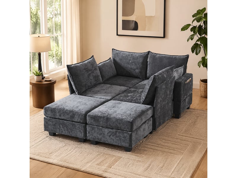 Canapé d’angle modulable convertible 6 places en chenille gris avec rangement - Conforama C