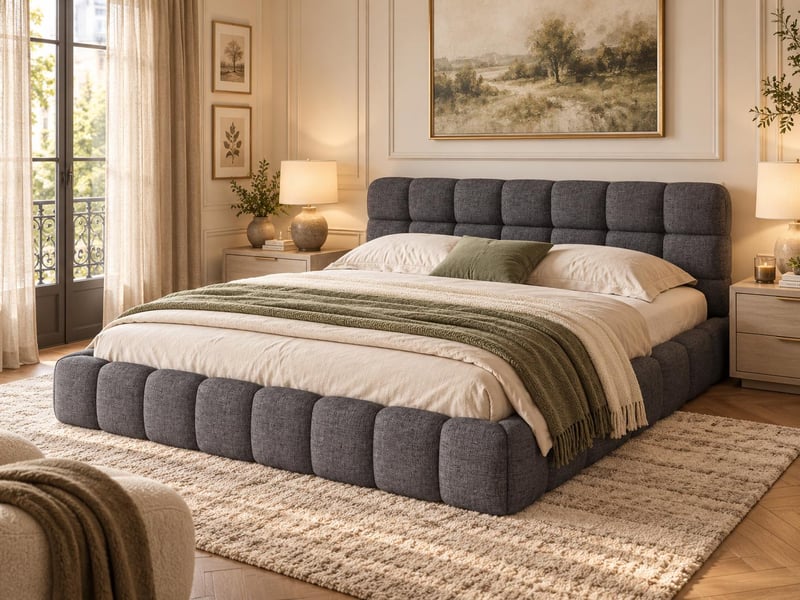  Lit 2 places 140 x 200 cm - tissu lin - tête de lit souple et cadre de lit robuste - gris  - Conforama B