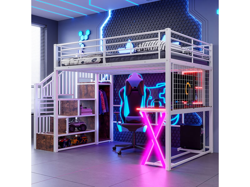  Lit mezzanine 140x200 cm avec led, escalier de rangement, bureau, armoire, rangements mdf métal blanc sans matelas  - Conforama B