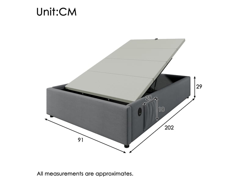  Modenvie lit coffre 90x200 cm - avec ports usb-c, sans tête de lit, sans matelas - gris  - Conforama C