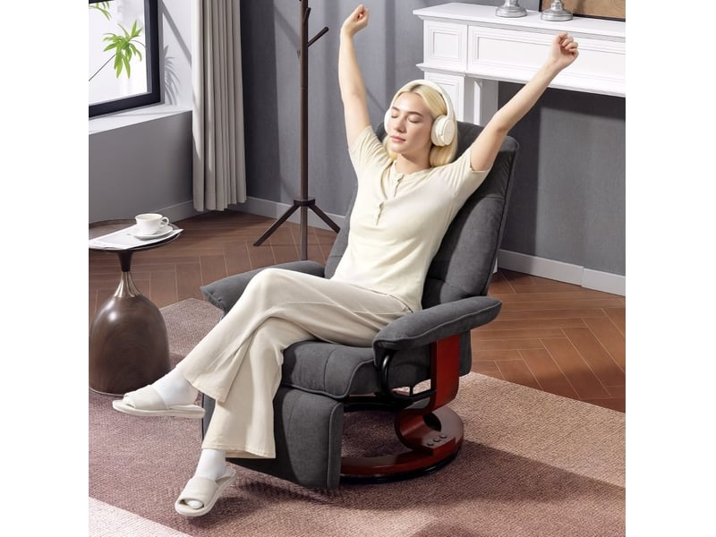  Fauteuil relax pivotant gris avec inclinaison manuelle, repose-pieds extensible, dossier haut, base en bois  - Conforama E