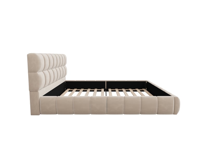  Lit double rembourré 140x190 cm, tête de lit et contours capitonnés, sommier à lattes, velours beige, sans matelas  - Conforama E