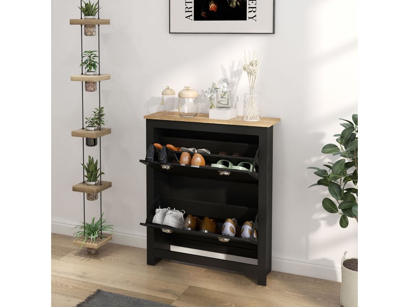  Armoire à chaussures 2 portes abattantes 2 compartiments poignées coquilles métal 79 x 23 x 90,5 cm noir chêne  - Conforama C