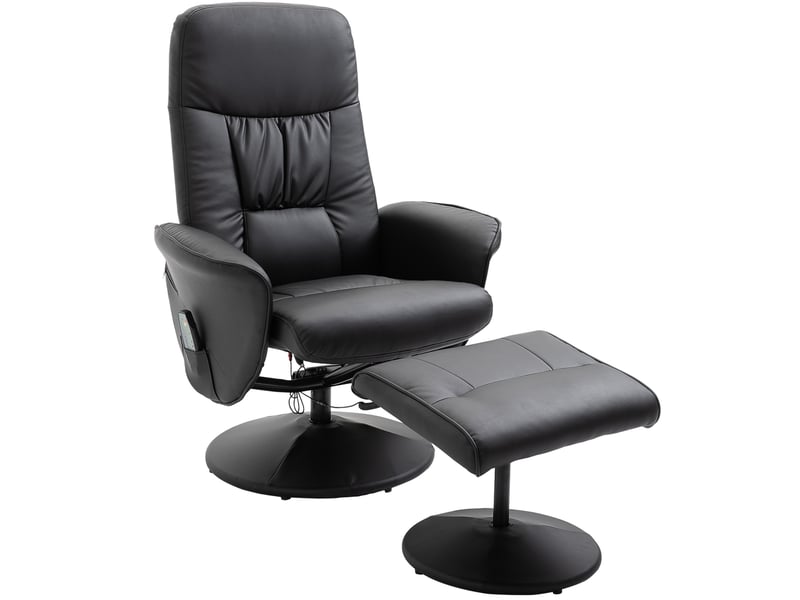 Fauteuil relax massant pivotant avec pouf, dossier inclinable et rangement, en cuir reconstitué noir - Conforama A