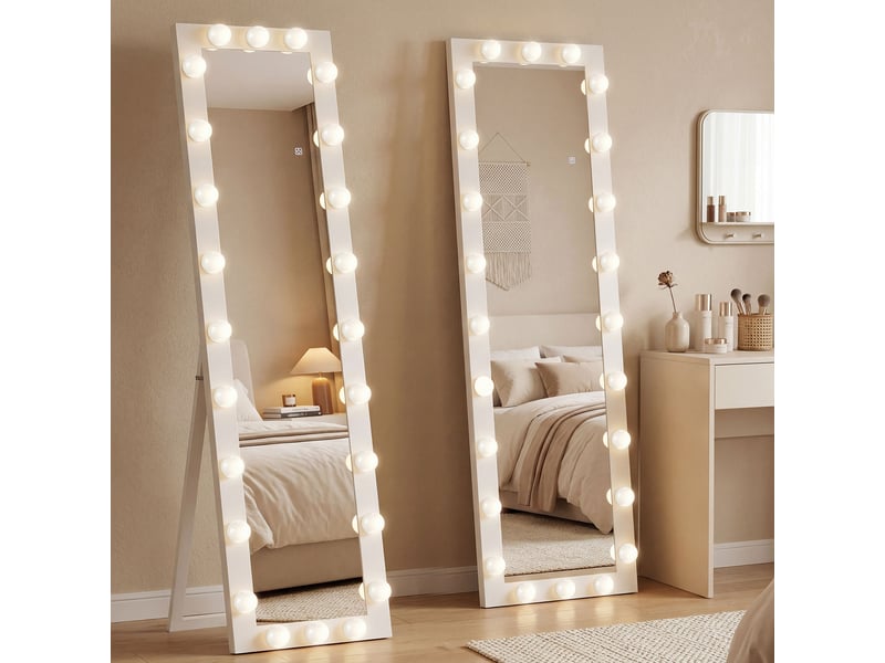  Miroir sur pied 150 x 40 cm, miroir led avec 24 ampoules, 3 couleurs de lumière, à poser ou à incliner, blanc  - Conforama D