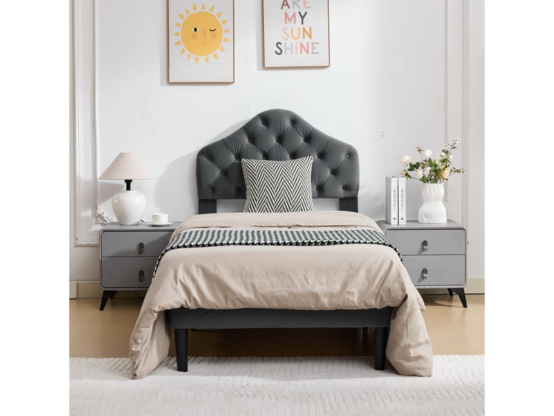  Lit simple 90x200 cadre de lit en velours gris avec tête de lit réglable en hauteur et sommier à lattes  - Conforama D