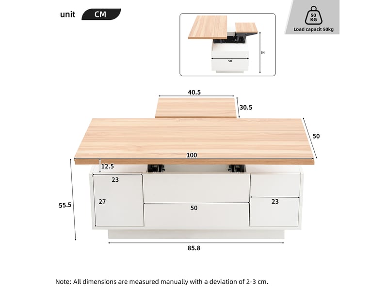 Table basse relevable à double plateau avec 2 portes pour salon en panneaux de particules 100×50×55,5 cm blanc et bois - Conforama E