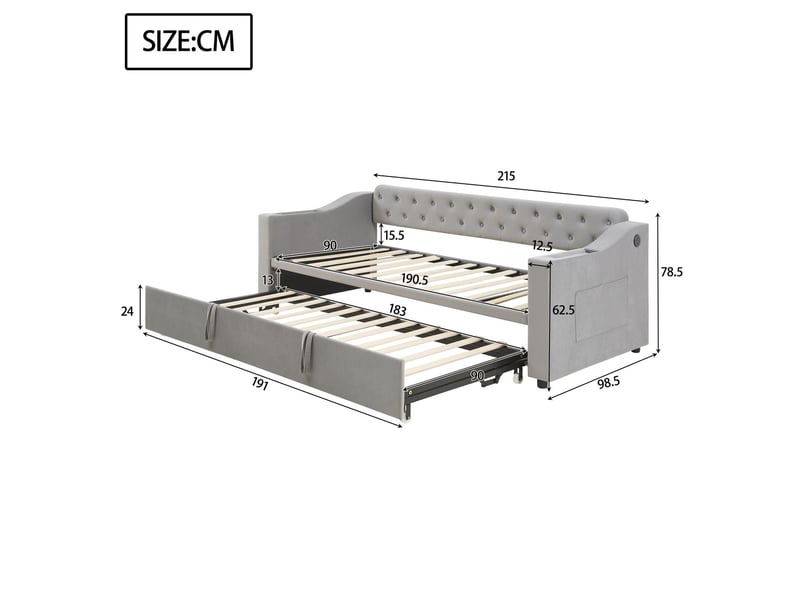 Lit capitonné 90x190, confort velours lit une personne, accoudoirs larges avec ports usb, rangement intégré, sommier inclus - Conforama C