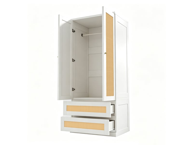 Armoire penderie 2 portes 70x55x170 cm - rangement avec tiroirs et étagères - effet rotin - bois blanc - Conforama W