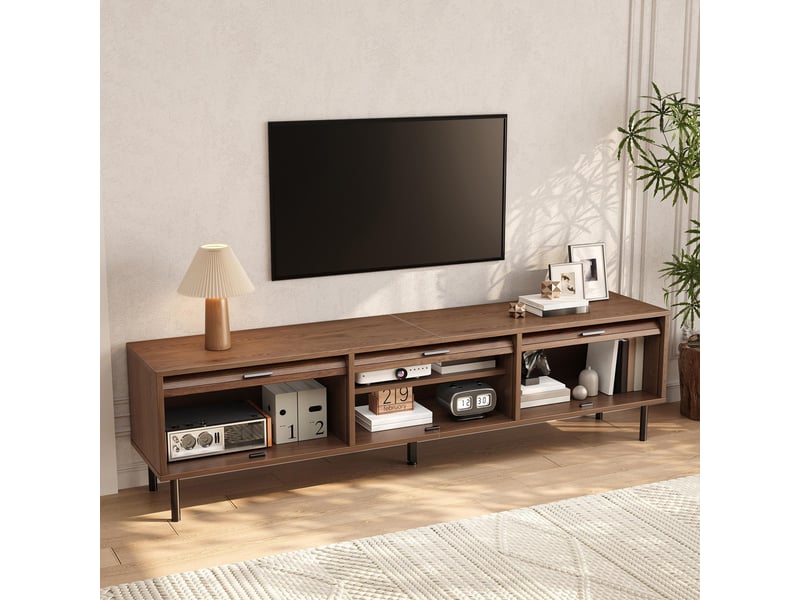  Meuble tv 180 cm – 3 portes coulissantes verticales – noyer –  pieds métal-  style campagne  – bois naturel - buffet bas et table tv moderne  - Conforama E