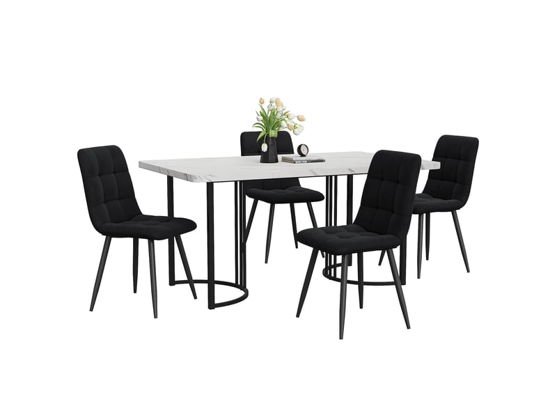  Ensemble repas 5 pièces, motif marbre, plateau en mdf blanc, pieds métal réglables et 4 chaises velours noir  - Conforama A