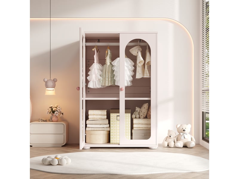  Armoire 2 portes transparentes avec étagères réglables et penderie 80×50×120 cm rose bébé  - Conforama C