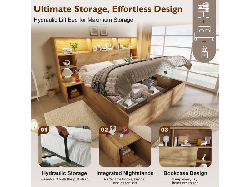 Lit coffre 160x200 cm, rangement hydraulique, 2 chevets intégrés, led 20 couleurs, 2 usb et 2 usb-c, sommier à lattes - effet chêne - Conforama D