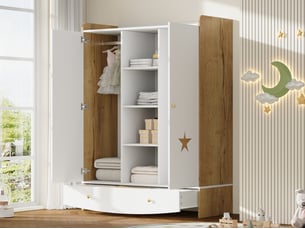 Armoire pour enfant, avec tiroir, 2 barres de penderie, grand espace de rangement, 120 x 50 x 160 cm, blanc et bois