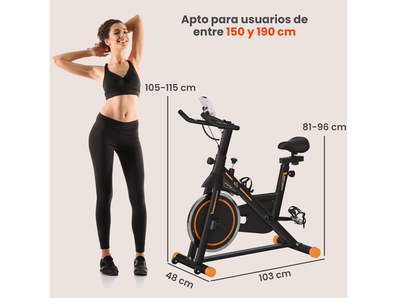  Vélo d'appartement avec volant d'inertie de 8 kg, écran lcd, moniteur de fréquence cardiaque, selle et guidon réglables, 103 x 48 x 115 cm, orange  - Conforama E