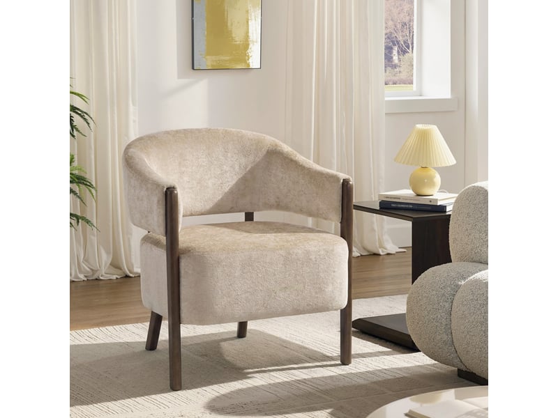  Fauteuil de salon en chenille, chaise rembourrée, assise large, dossier ergonomique, 71x63,5x78,5cm, accoudoirs, beige  - Conforama A